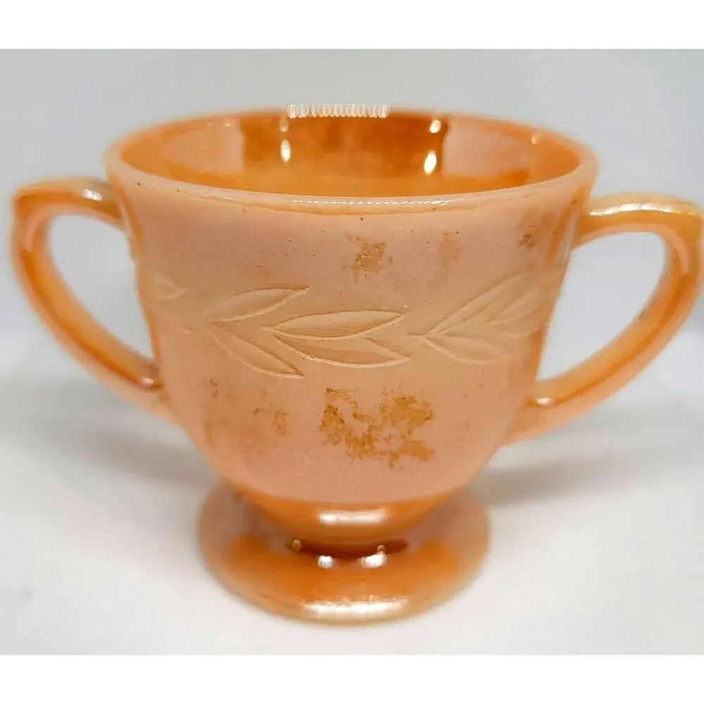 VNTG Fire King Laurel Leaf Footed Open Sugar Bowl Peach Luster Anchor Hocking